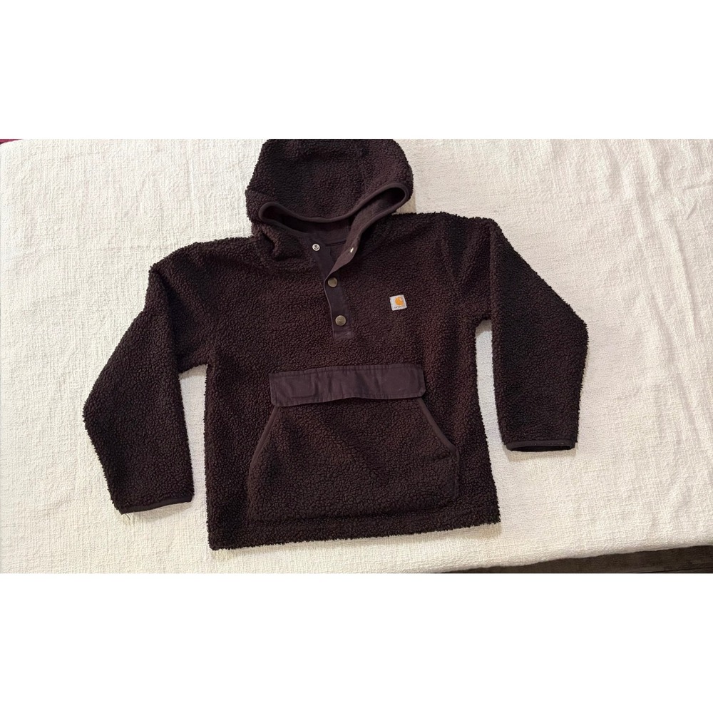 Carhartt Kids Sherpa Fleece Hoodie Brown Snap Pullover Sweatshirt Size S